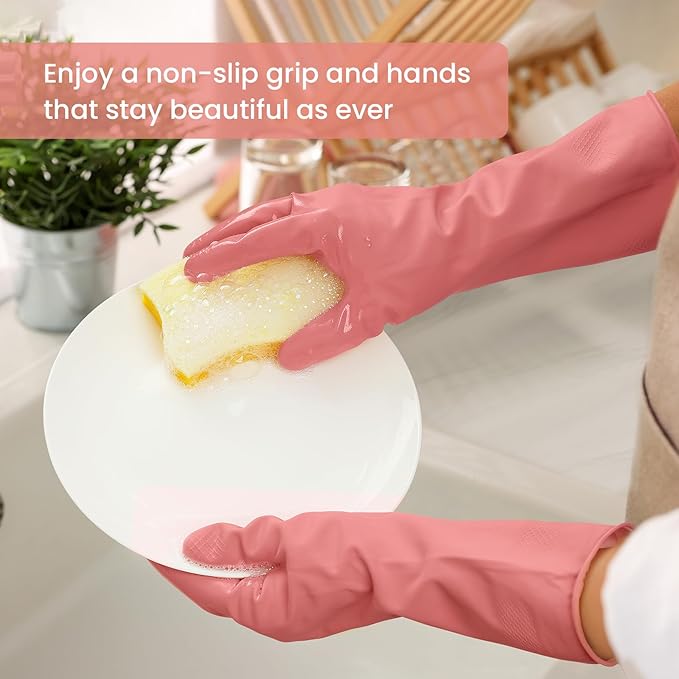 Rubber Cleaning Gloves for Dishwashing, 4 Pairs Reusable Kitchen Gloves for Washing Dishes and Household Cleaning, Pink Dish Gloves with Flocked Lining and Non-Slip Grip, Pefect for Woman Men - S