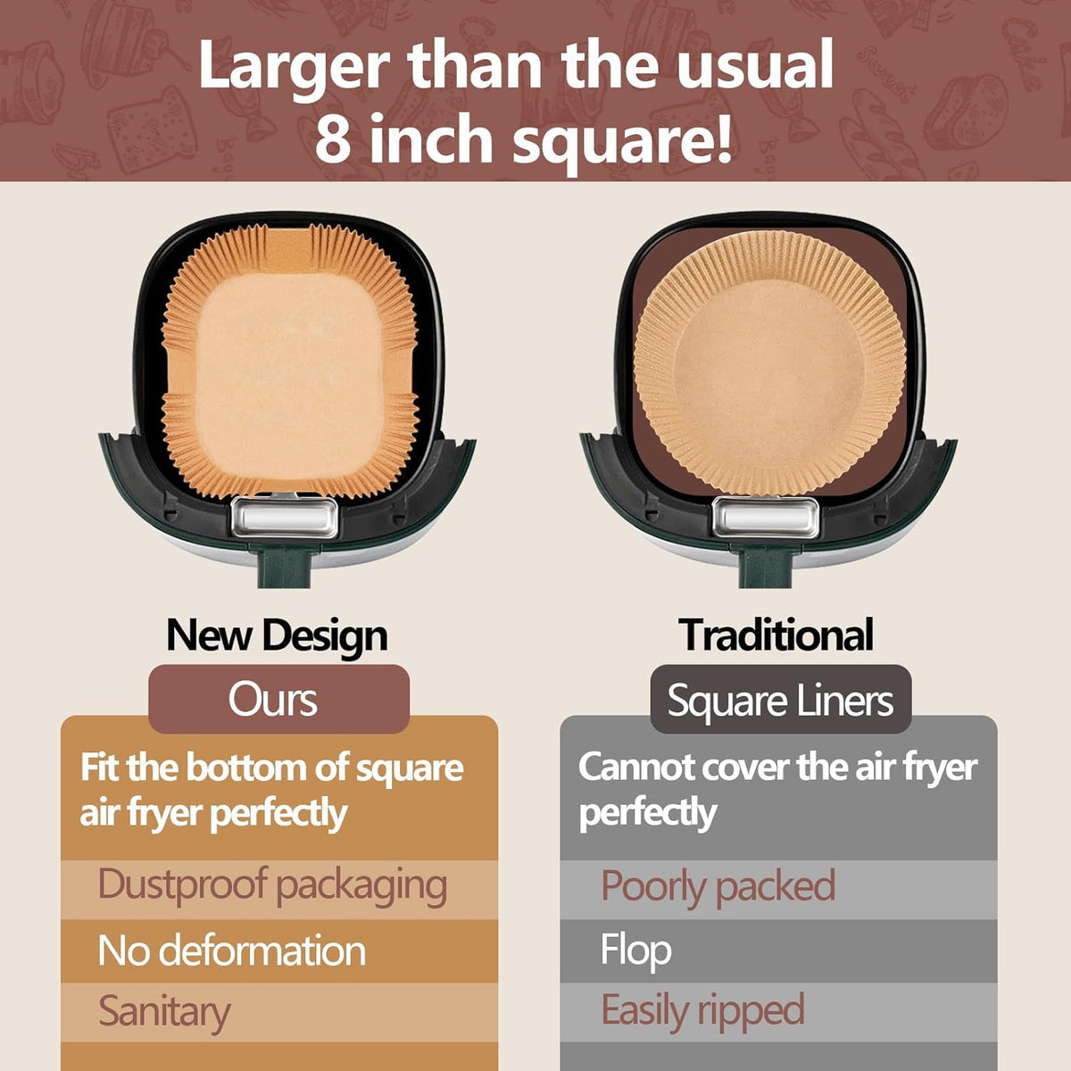 UBeesize 9 Inch Air Fryer Paper Liners, 400 PCS Parchment Paper, Air Fryer Disposable Paper Liners for Microwave, Non-Stick Sheets Square Free of Bleach（Bottom size 8 Inch）