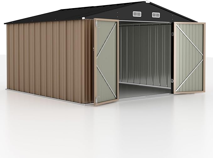 GUNJI 10 x 10 FT Shed Outdoor Storage Shed Metal Garden Shed with Lockable Door Outside Waterproof Tool Shed for Backyard, Patio, Lawn (Brown)