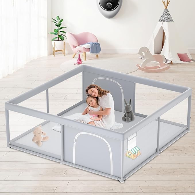 XVISHX Baby Playpen, 79''x79'' Extra Large Playpen for Babies and Toddlers, Baby Fence Play Pen for Indoor & Outdoor, with Soft Breathable Mesh Grey