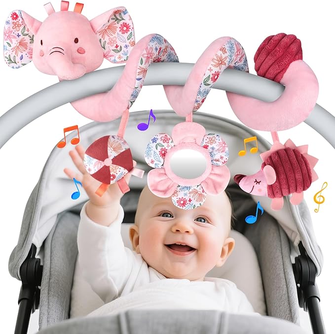 Hanging Car Seat Toys, Spiral Crib & Stroller Activity Toys with Rattles for Babies 0-6 Months, Baby Car Seat Accessories Toy for Developing Sensory & Motor Skills, Ideal Gift for Newborn Infant
