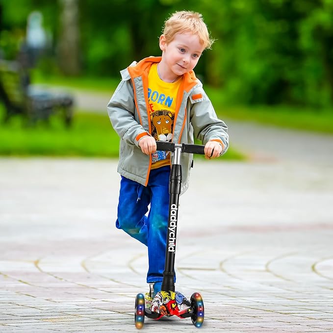 Kids Kick Scooter, 3 Wheeled Scooter for Kids, Child/Toddlers Toy, Adjustable Height, Anti-Slip Deck, Flashing Wheel Lights, for Boys/Girls 3-12 Year Old