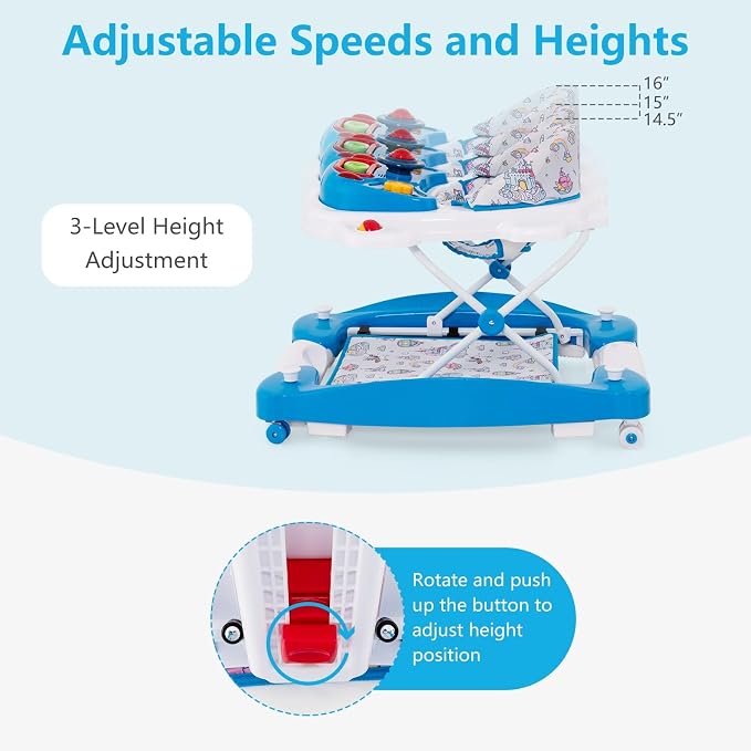 INFANS Baby Walker, 5 in 1 Behind Walker Learning Seated Rocker Bouncer with Removable Music Tray, Adjustable Height, Washable Seat Cushion, Foldable Activity Center for Toddlers (Unicorn)
