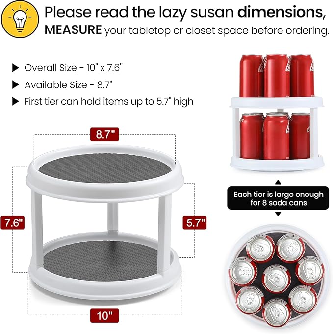 2 Pack, 2 Tier 10" Turntable Lazy Susan Spice Organizer - Rotating Seasoning Rack Spinner for Pantry Cabinet Kitchen Countertop, Table Top Organizing - Multiuse Two Tier Rotating Organization Rack