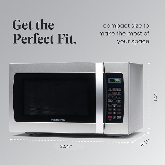 Farberware 1.3 Cu. Ft. Countertop Microwave Oven – 1000 Watts Power, Auto Cook Settings, Defrost, Easy Clean and Child Safety Lock - Stainless