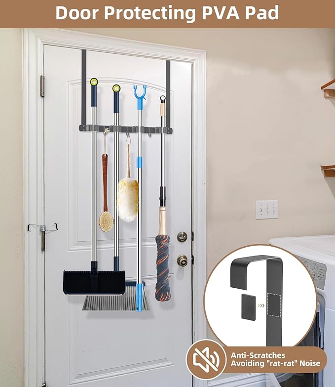 Broom Holder Over The Door-304 Stainless Steel Mop and Broom Holder Wall Mounted or Hanging Over The Door with Hooks - Broom Hanger, Tool Organizer for Garage Closet Laundry Kitchen-Space grey