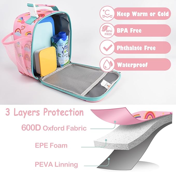 Lunch Box Kids,Premium Insulated Lunch Bag for Girls Boys,Soft Bag Mini Cooler Back to School Thermal Reusable Lunch Bag for Work School Picnic (Rainbow)