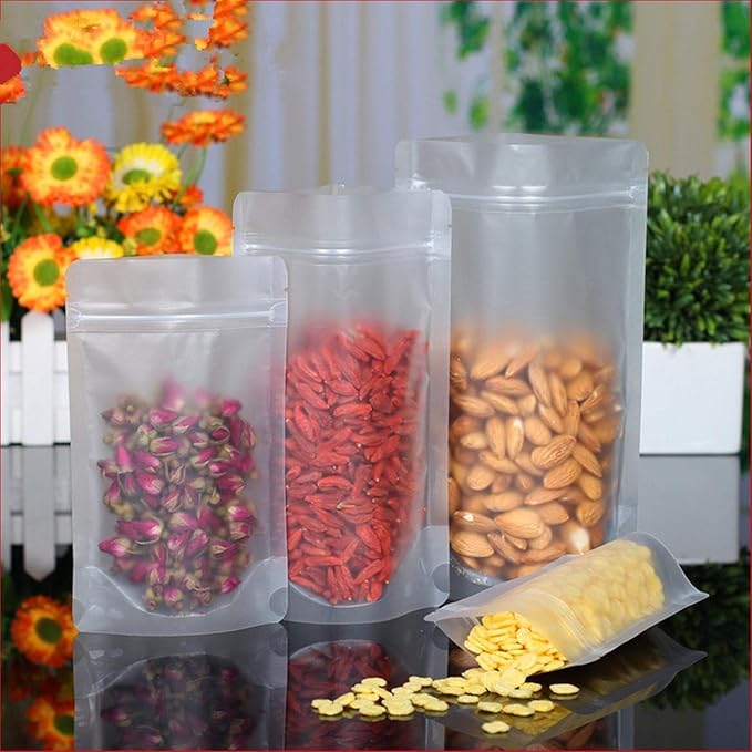 PABCK 100 Pcs 6.3x9.4 inch Resealable Stand Up Bags Matte Clear Zipper Lock Heat Seal Pouches with Tear Notch for Zip Food Storage Lock Packing