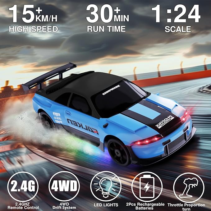 Remote Control Car RC Drift Car 2.4GHz 1:24 4WD 15KM/H High Speed Racing Sport Car with LED Lights Drifting Tire Racing Sport Toy for Adults Boys Girls Kids Gift