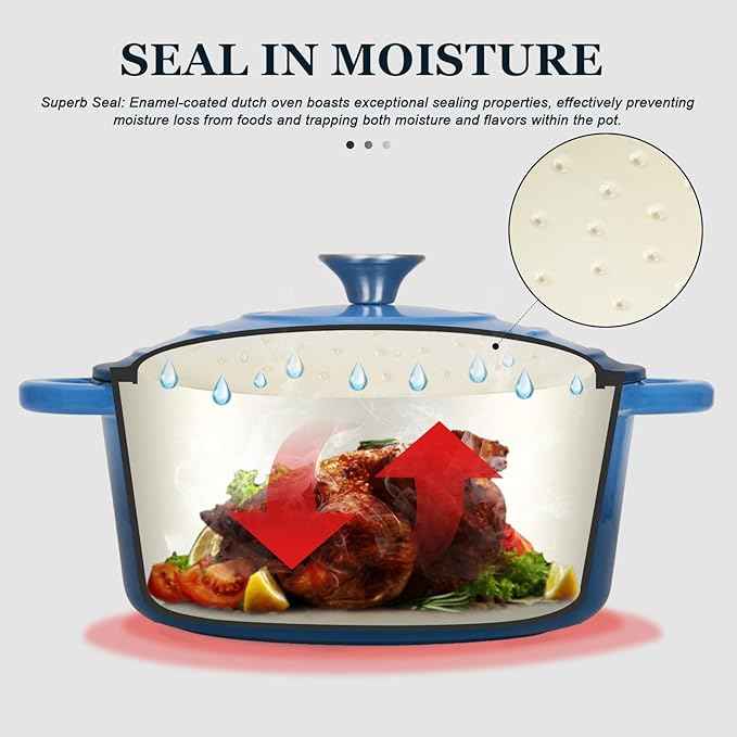 Overmont Enameled Cast Iron Dutch Oven - 4.5QT Pot with Lid Cookbook & Cotton Potholders - Heavy-Duty Cookware for Braising, Stews, Roasting, Bread Baking blue