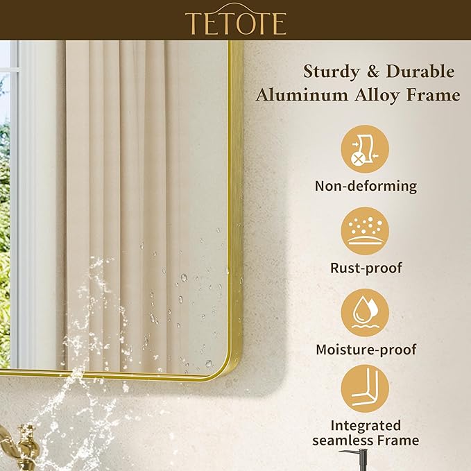 TETOTE 22 x 30 Gold Bathroom Mirror Brushed Gold Metal Framed Vanity Mirror, Tempered Glass, Wall Mounted for Bathroom, Entryway, Bedroom, Living Room(Horizontal/Vertical)