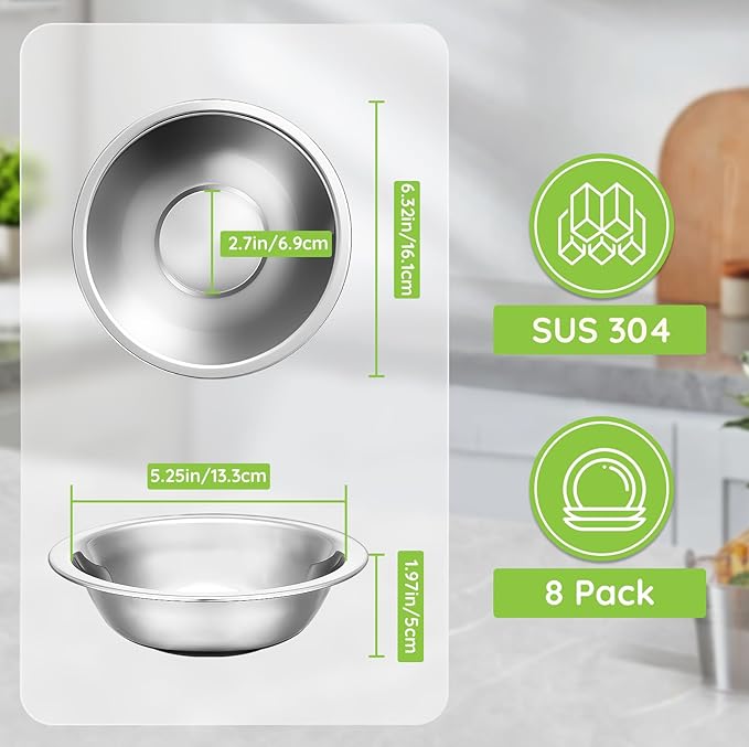 304(18/8) Stainless Steel Mixing Bowls for Kitchen, 8 Pack 6.3" 13.67 fl.oz Small Metal Mixing Bowls Set Stackable for Baking Serving Cooking Food Prep Storage Dishwasher Safe Lightweight
