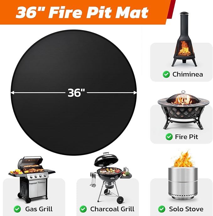 36" Heavy-Duty Fire Pit Mat for Solo Stove Bonfire: Round Fireproof Under Grill Mat Heat Insulated Indoor Fireplace Pad Protector for Decks, Patios, Grass, BBQ Smoker, Reusable Oil-Proof & Waterproof