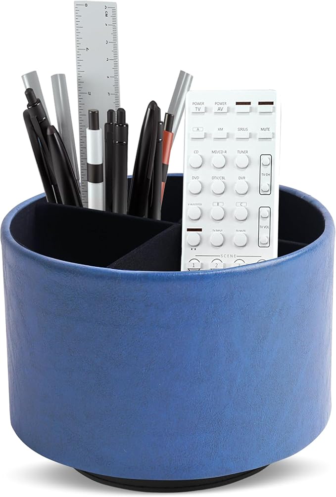 Hennaja Round Leather Art Supply Organizer,Remote Control Holder,360 Degree Spinning,Multi-Functional Pencil Holder,4 Compartments Desktop Stationary Organizer(1-Oil Blue2)