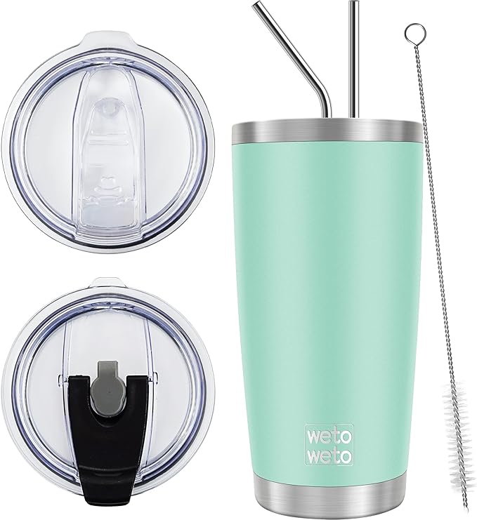 WETOWETO 20oz Tumbler with 2 lids and 2 straws, Stainless Steel Vacuum Insulated Water Coffee Tumbler Cup, Double Wall Powder Coated Spill-Proof Travel Mug Thermal Cup (Light Green, 1 Pack)