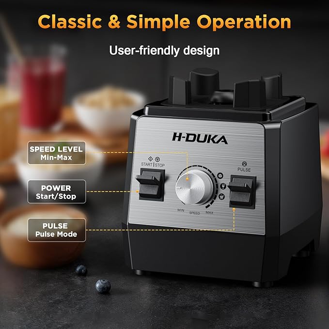 H-Duka Blender, Countertop Blenders for Kitchen with 64oz Pitcher, Powerful 25000 PRM Blender for Smoothies, Ice Crushing, Frozen Fruits, Milkshakes, Pulse Function, Self-Cleaning (Silver Black)