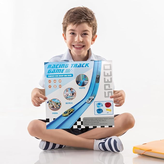 Flex Track Race Set for Kids, 15FT Starter Set Car Track with 4 Suction Cups and 6 Diecast 1/64th Cars - STEM Racing Toy for Boys & Girls Ages 3+ (Upgrade Orange) (Orange)