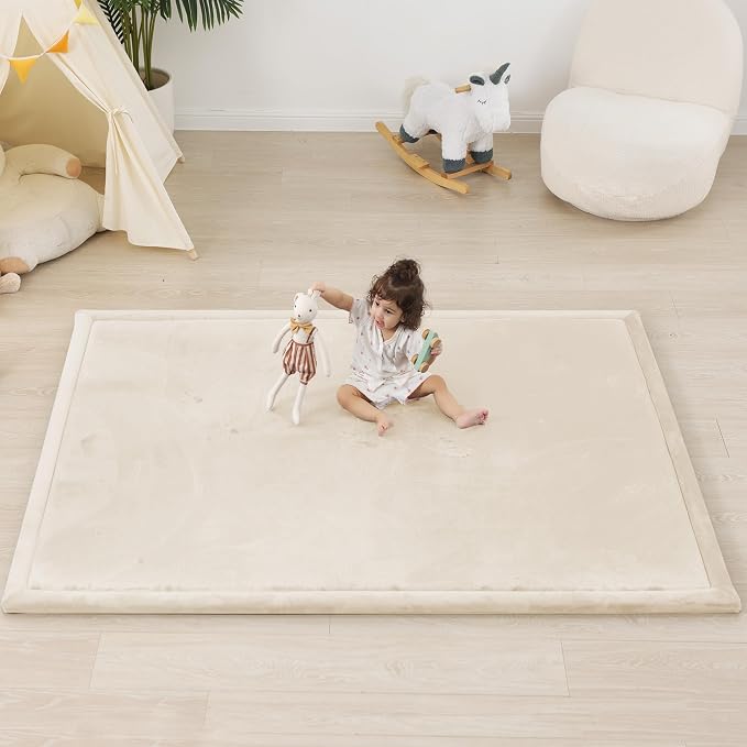 1.5" Thick Padded Baby Play Mat for Floor Tummy Time, Pro Soft Foam Activity Playroom Playmats, Easy Care with Non-Slip Safe for Infant Toddler Kids Crawling 59"x 71" (Beige)