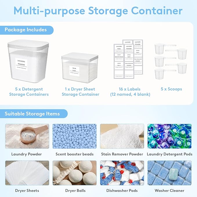 Lifewit Laundry Pods Container with Pop-up Lid, Detergent Dispenser, Dryer Sheet Holder, Laundry Room Organization Storage Jars for Washing Powder, Soap, Scent Booster Beads,0.5+0.72gal, 6 Pcs