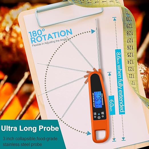 Instant Read Meat Thermometer for Kitchen Cooking, Ultra Fast Precise Waterproof Digital with Backlight, Magnet and Foldable Probe for Food,Deep Fry, Outdoor BBQ, Grill(Orange)