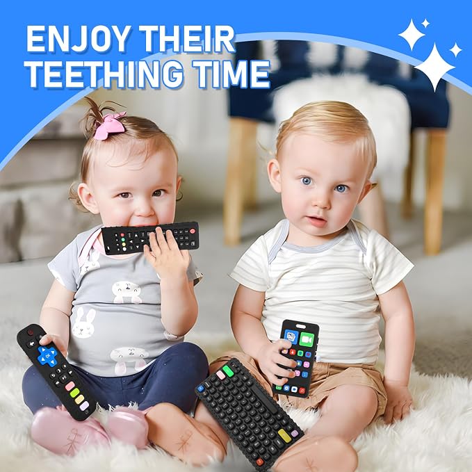 Teething Toy for Baby 3 6 12 18 Months, Realistic Remote Control and Mobile Phone Baby Teether Toy, Baby's Chew Toys, Food Grade Silicone Teething Toys for Infants, BPA Free, for Babies Gum Relief