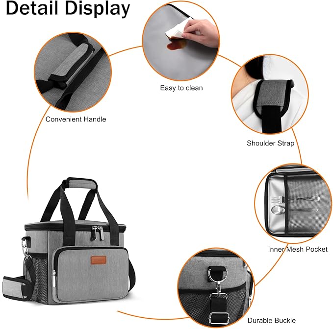 Femuar Lunch Bags for Women/Men, Insulated Lunch Bag for Work Office Picnic - Large Lunch Cooler Bag Leakproof Lunch Box with Adjustable Shoulder Strap for Adults - Grey (15L)