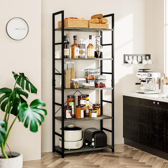 NUMENN 5 Tier Bookshelf, Tall Bookcase Shelf Storage Organizer, Modern Book Shelf for Bedroom, Living Room and Home Office, Dark Grey