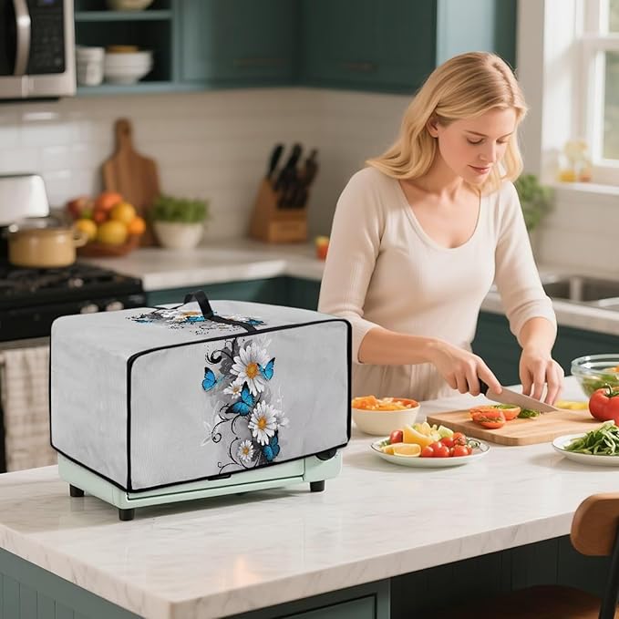 Toaster Oven Cover Dust-Proof Countertop Convection Oven Cover Protective Smart Microwave Oven Accessories and Decor, M, 16.5 x 20.5 x 10 inches, Daisy Butterfly Gray