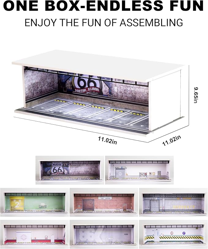 1/64 Scale Display Case Car Garage Moldel, Acrylic Cover Diecast Car Show Case with LED Light 6 Parking Spaces, Hot diecast Wheel Parking Scene (Vehicles Not Included) Wheels
