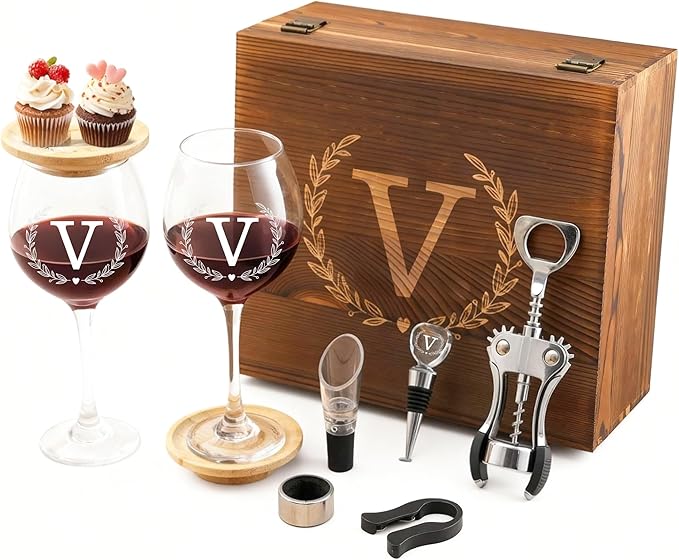 GZLDGIFTS Personalized Initial Wine Glasses Box Gift Set For Women Mom Engraved Birthday Monogrammed Wooden Christmas Gifts Wedding Anniversary Wine Couples Stopper Opener Initial Letterr (V Set)