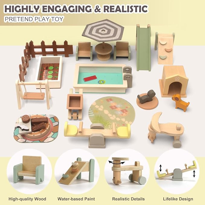26PCS Wooden Dollhouse Furniture Set, Outdoor Miniature Doll House Accessories Playset for Toddlers, Outdoor Scenes Poolside Playground Pretend Play Toy for Kids 3+
