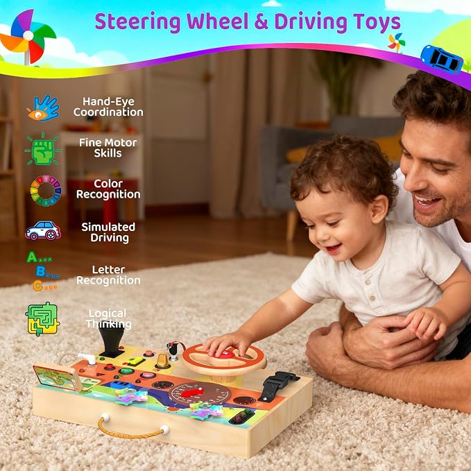 Montessori Wooden Busy Board with Steering Wheel & Driving Toys - Sensory Activity Boards for Toddlers 1-3, Car Themed Fidget Toy with Lights, Switches & Windmill Spinner, Travel Gift for Boys Girls