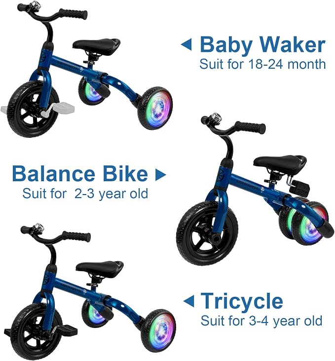 YGJT 3 in 1 Lighting Tricycle for Toddlers Age 2-5 Years Old, Folding Kids Balance Bike with Adjustable Seat and Removable Pedal, Toddler Bike Ride-on Toys for Infant, Gifts for Baby Boys Girls(Blue)