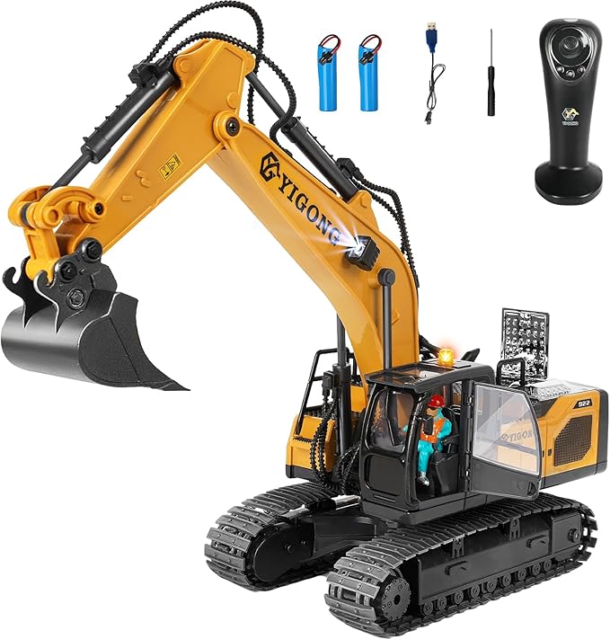 Remote Control Excavator for Boy 6 7 8 9 Years Old, 2.4 GHz Gravity Controlled Excavator Toys with Lights Sound, Rechargeable 11 CH RC Construction Vehicles Metal Shovel, Gifts for Kids 6-12 Year Old
