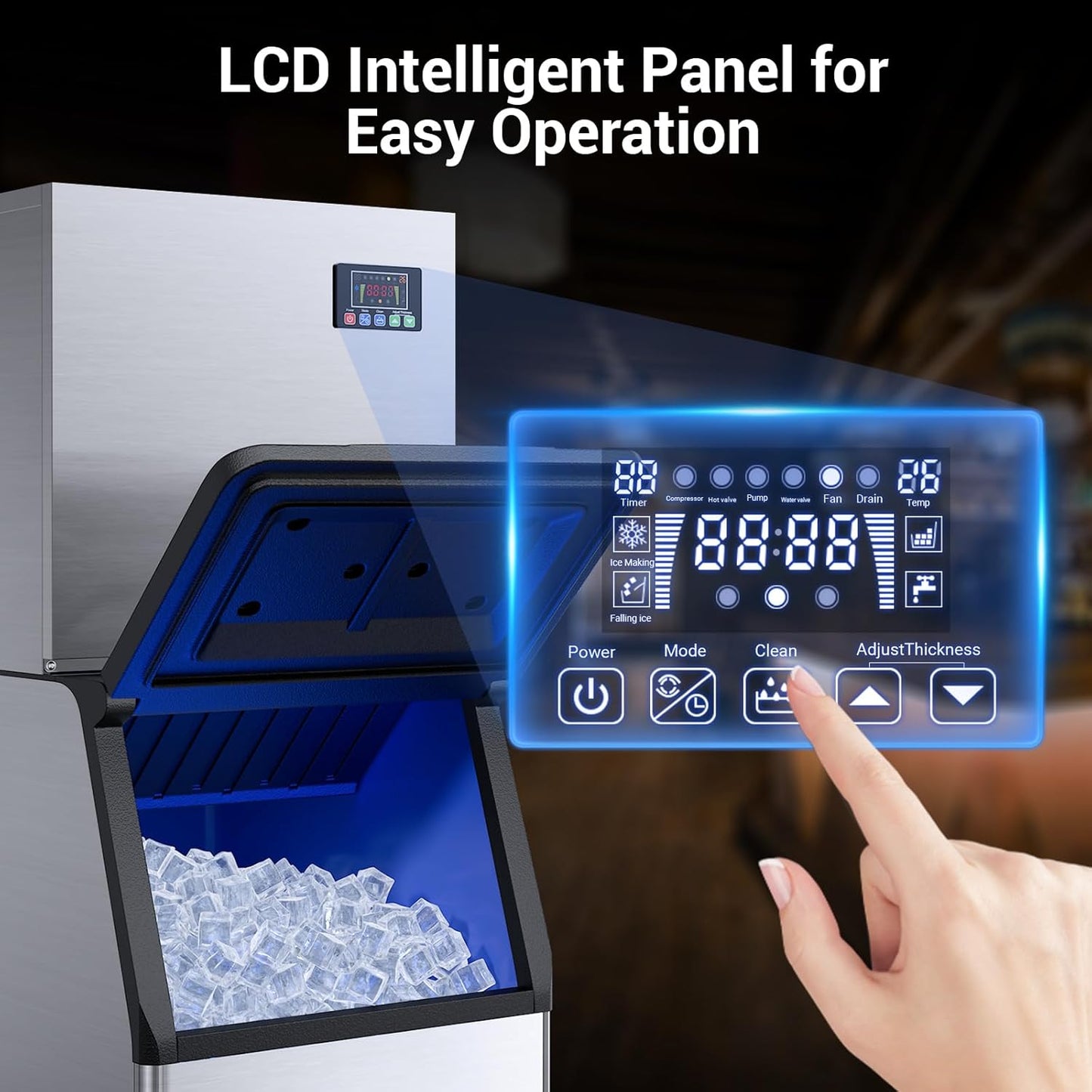 Commercial Ice Machine Maker 600lbs/24H, Ice Ready in 5-15 min, 400lbs Large Storage Bin, Stainless Steel Ice Machine with Water Line Hookup, 12 Adjustable Ice Thicknesses