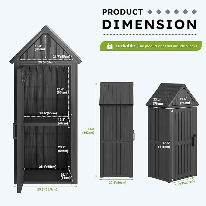 Outdoor Storage Shed - Waterproof Resin Outdoor Storage Cabinet with Removable Shelves & 12 Hooks, Lockable All-Weather Storage for Garden Tools, Grilling Supplies, Classic Black