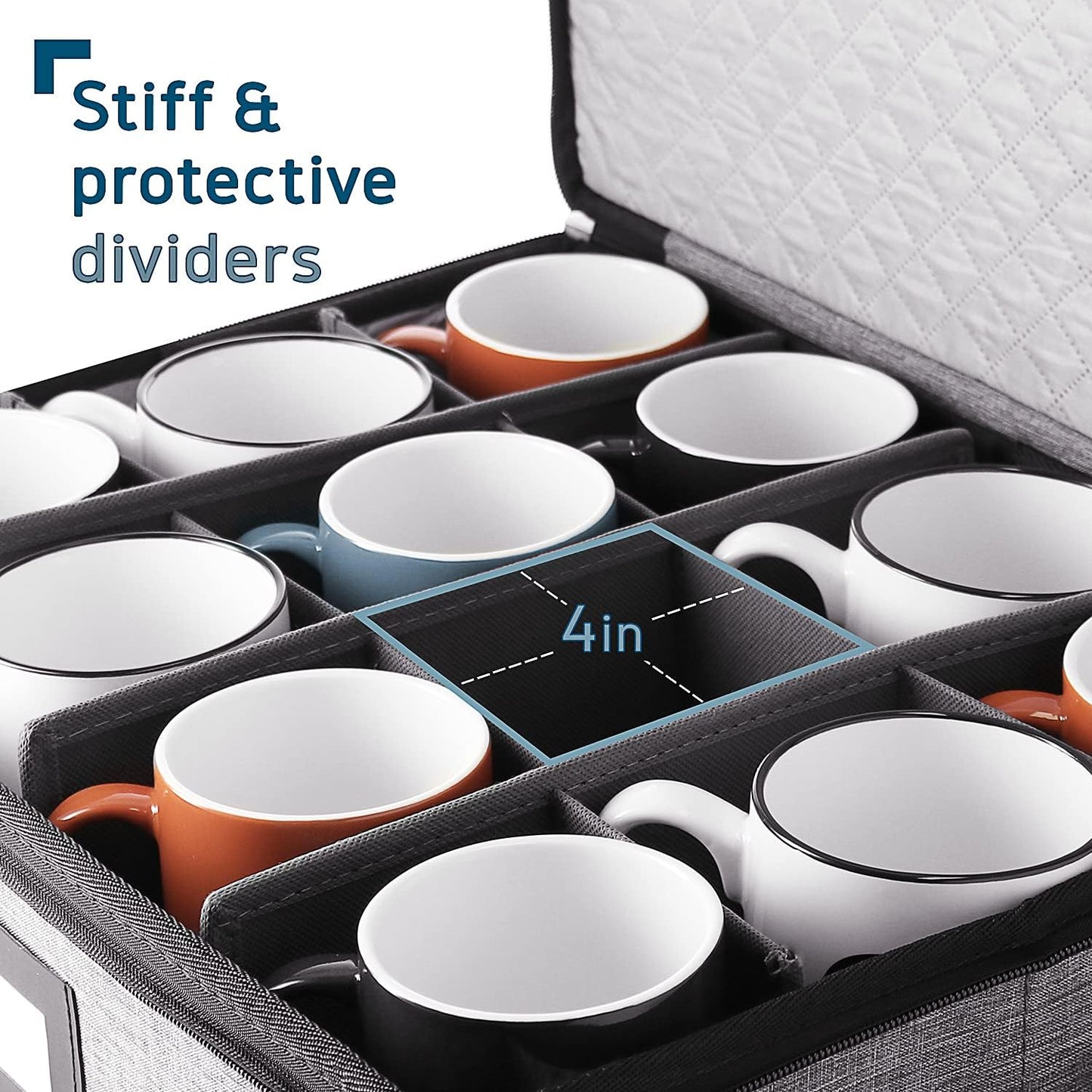 Coffee Mug Storage, 2 Pack Quilted and Stackable Coffee Cup Storage Organizer for Service of 12, Mug Storage Box with Dividers, Mug China Storage Containers Hard Shell for Moving and Seasonal Storage