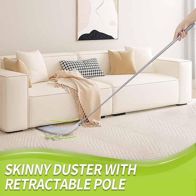 Duster with Extension Pole, Skinny Duster/Under Appliance Cleaning Tool & Spider Web Brush & Ceiling Cleaner, 100" Microfiber Feather Cleaner with Washable Head for Fan Furniture Wall