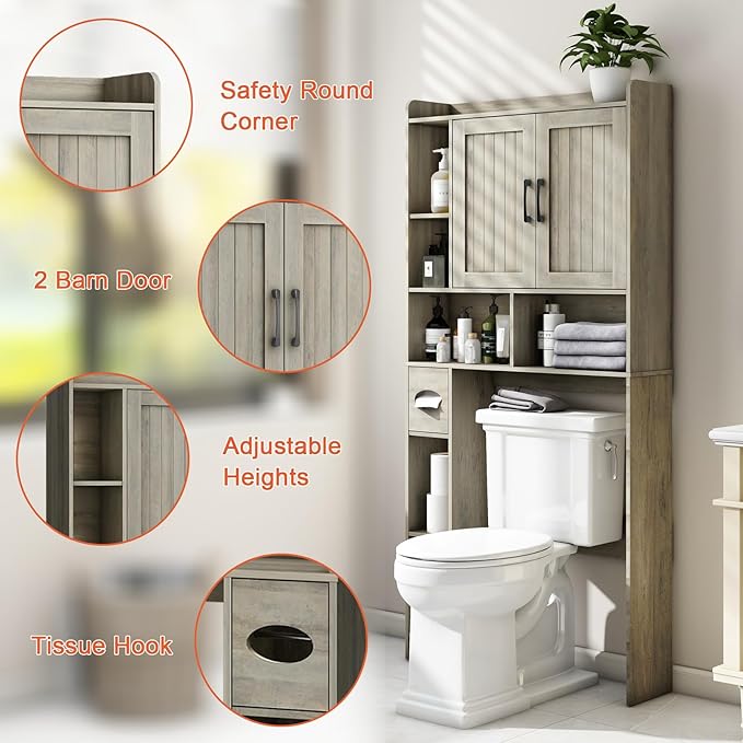 Farmhouse Storage Cabinet Over Toilet with 2 Barn Doors & Toilet Paper Holder Stand, Space-Saving Bathroom Rack