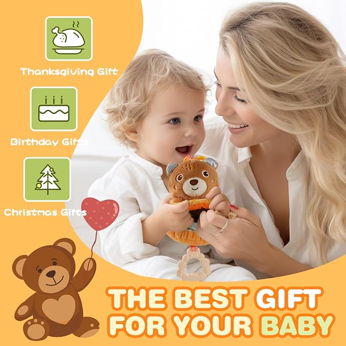 Jollybaby Baby Musical Pull String Hanging Toys for Stroller Car Seat Crib Play Gym, Plush Stuffed Hamburg Bear Toy for Carseat with Music Teether Crinkle, Sensory Toy for 0-6-12-18 Months Baby Gifts