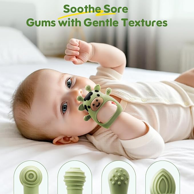 TOHIBEE 2 Packs Baby Teething Toys for 0-6 6-12 Months, Food Grade Silicone Adjustable Cow Teething Mitten, Chew Teether Toys for Teething Pain Relief, Baby and New Born Essentials, Green & Beige