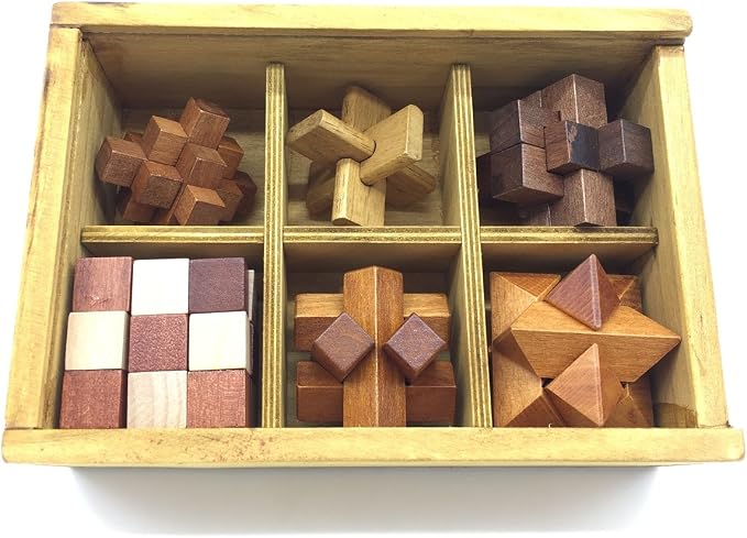 Guaishou 6-in-One 3D Luxury Wooden Brain Puzzle Teaser Kongming Lock for Teens and Adults Includes Storage Box