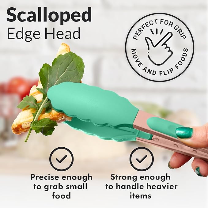 Zulay Stainless Steel Kitchen Tongs with Silicone Tips - Set of 2 (9” & 12”) Locking Cooking Tongs with Non-Slip Grip - Heat Resistant, BBQ Food Tongs for Non-Stick Cooking Pans (Rose Gold/Mint)
