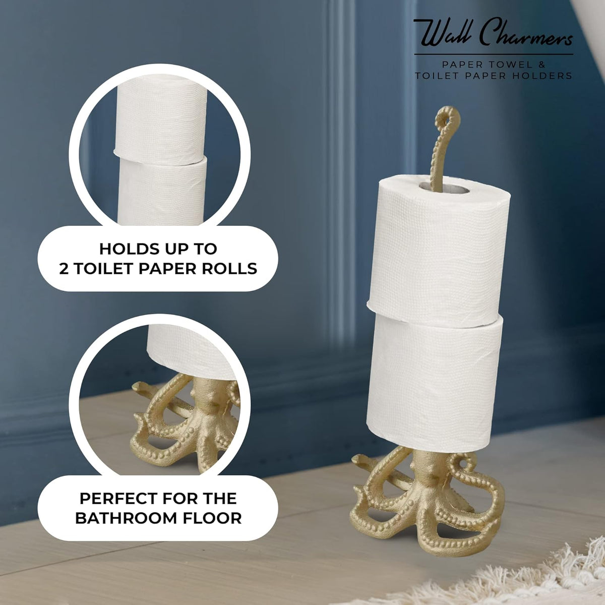 WallCharmers Gold Paper Towel Holder, Metal Toilet or Kitchen Paper Holder for Floor or Countertop, Gold Octopus