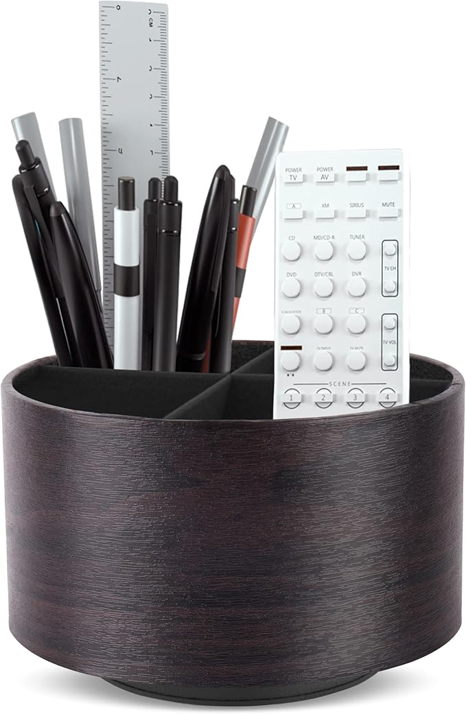 Hennaja Round Leather Art Supply Organizer,Remote Control Holder,360 Degree Spinning,Multi-Functional Pencil Holder,4 Compartments Desktop Stationary Organizer(1-Dark Brown2)