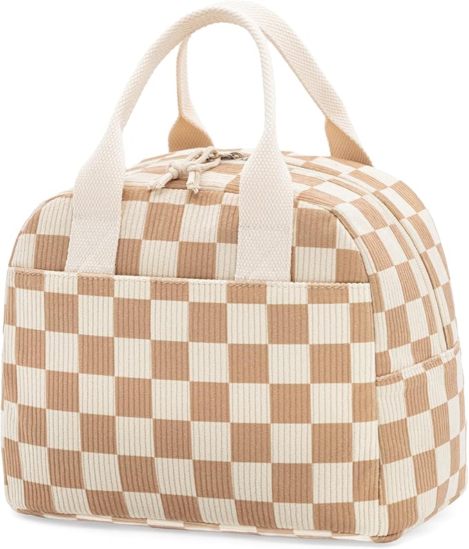 Insulated Brown checkered Lunch Bag for Women, Corduroy Tote with Aluminum Lining, Large Capacity Reusable Cooler for Work, Travel, Beach or Picnic, Checkered Water-Resistant Lunch Box