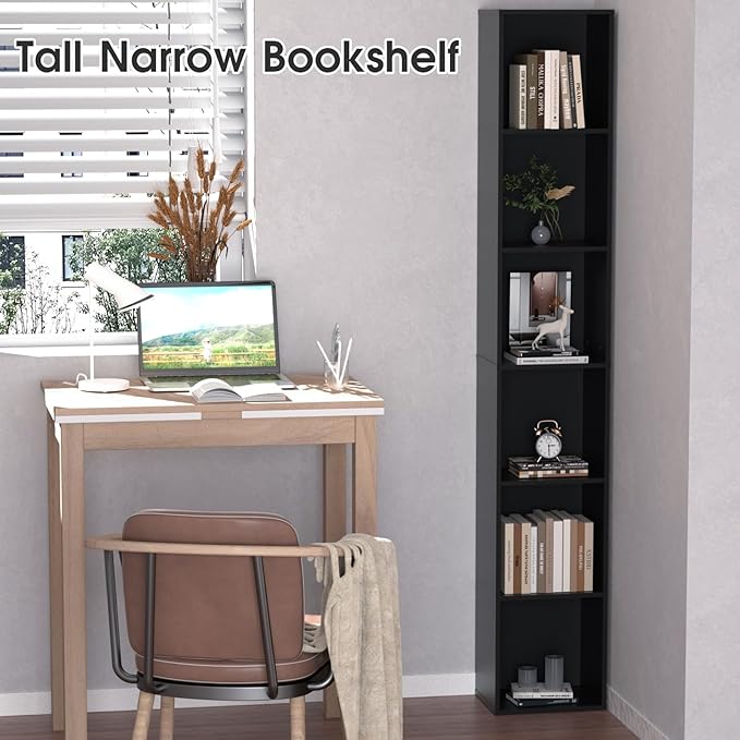 Tall Narrow Bookshelf 6-Tier Bookcase,70.5" Skinny Thin Corner Shelf Slim Storage Cabinet,Wood DVD CD Media Cube Organizer Tower Rack for Small Spaces, Bedroom, Living Room, Office,Black