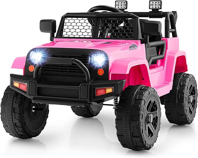 Costzon Ride on Car, 12V Battery Powered Truck Vehicle with Remote Control, Spring Suspension, Headlights, Music, Horn, MP3, USB & Aux Port, Gift for Boys Girls, Electric Car for Kids (Pink)