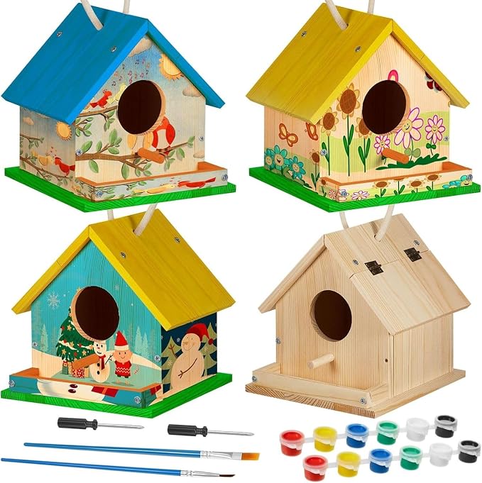 Liliful 36 Sets Wooden DIY Birdhouse Kit, Unfinished Bird Houses with Paints and Paintbrushes, Bird Feeder Craft Arts for Kids Ages 4-8, 8-12, Classroom Activity and Adults Wooden Craft Gifts