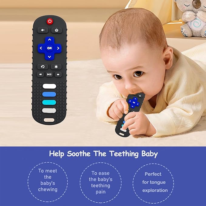 ROBBEAR 1 Pack Baby Teething Toys, Food Grade Silicone Remote Control Teether Toy for Babies 3 6 12 18 Months, TV Remote Shaped Chew Toys for Boys and Girls, Freezer BPA Free